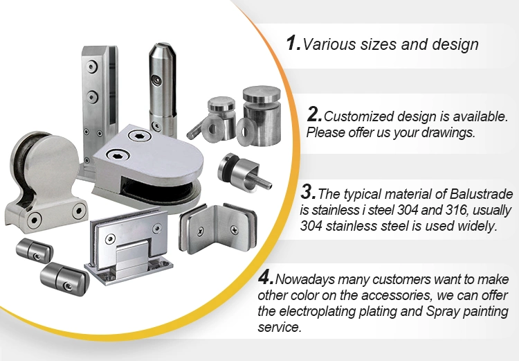 Custom SUS 304 316 Balcony Handrail Stainless Steel Door Railing Bathroom Baluster Door Hinge Glass Bracket Spigot Holding Shelf Partition Lifting Glass Clamp